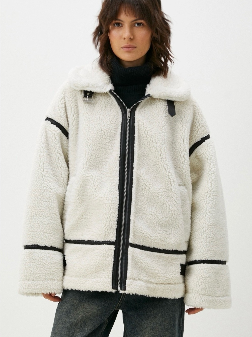 Jason Wu Be Free Faux Fur Aviator Cozy Cream Sherpa Jacket Size Large
